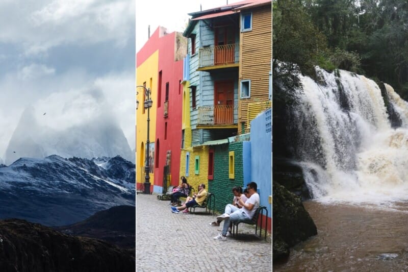 A collage of three photos, one of the mountains in Patagonia, one of colorful buildings in Buenos Aires and a third of a rainforest in the jungle
