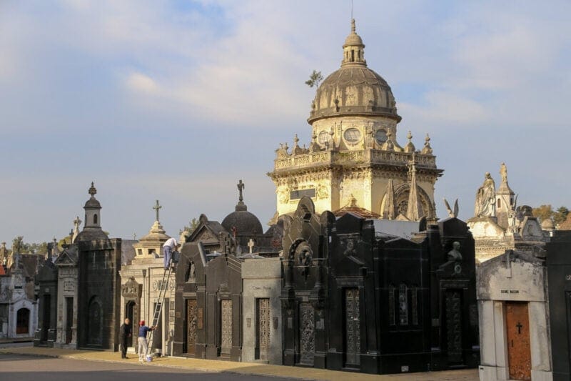 Ornate mausoleums and crypts in an above grounds cemetery