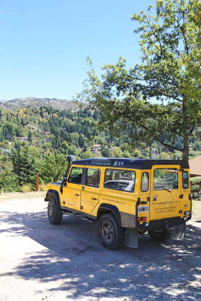 A yellow range rover next to a tree
