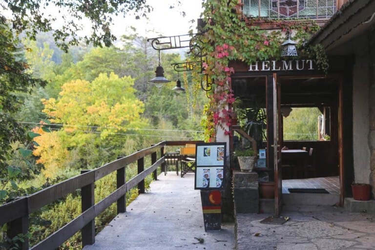 Flowers frame the door of a restaurant and outdoor deck