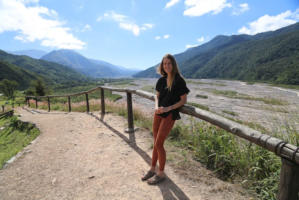 A woman leans against a handrail at a viewpoint