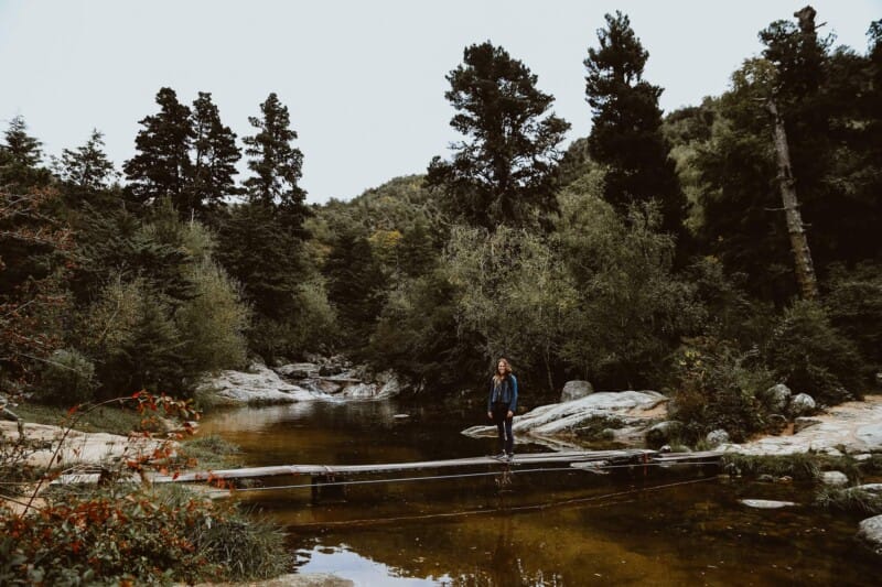 A woman on a wooden bridge across a creek
