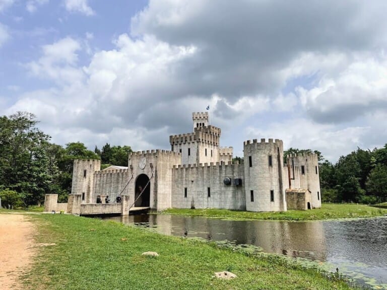 A moat surrounds a castle