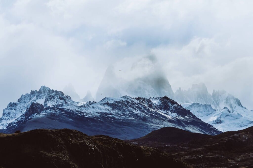 Two condors fly in front of a mountain