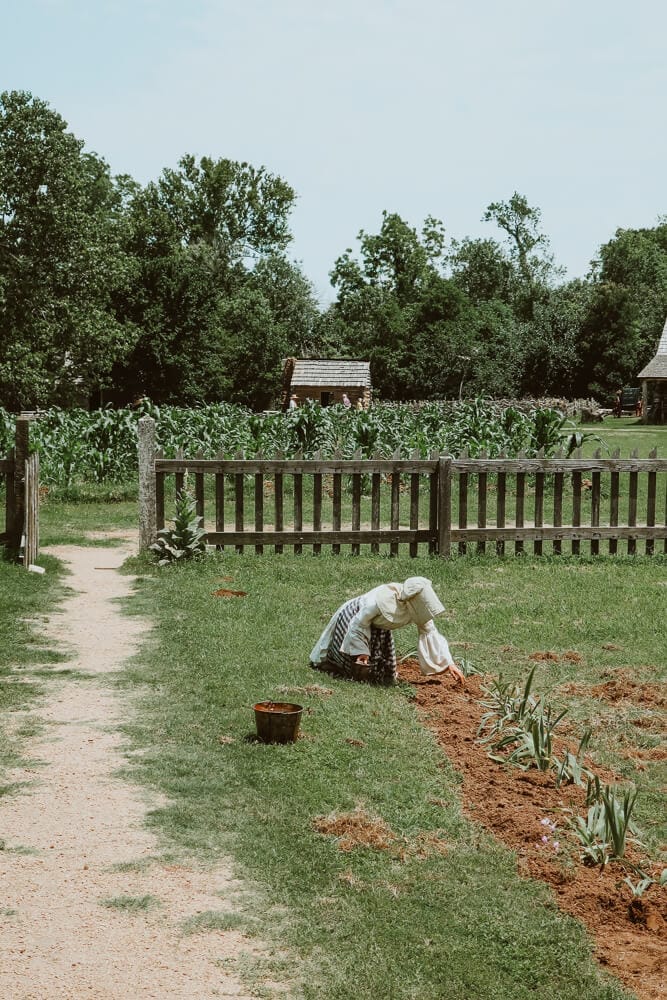 A woman in a bonnet plants onions in a garden