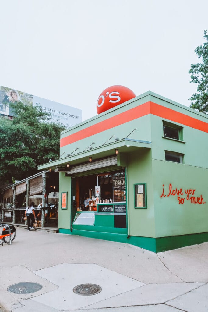 Jo's Cafe in Austin with the I Love You So Much mural on the side wall