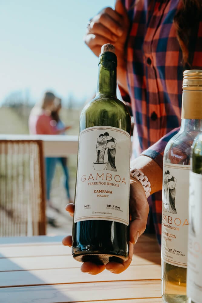 A woman holds a bottle of wine towards the camera in a winery in Buenos Aires Argentina