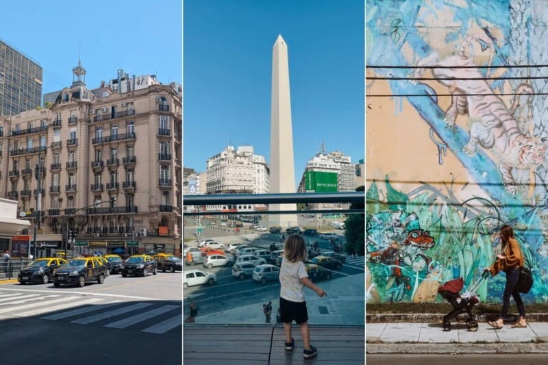 A collage of three photos, one of taxis in traffic, one of a small child looking at an obelisk, and a third of a mother pushing a stroller in front of a colorful mural