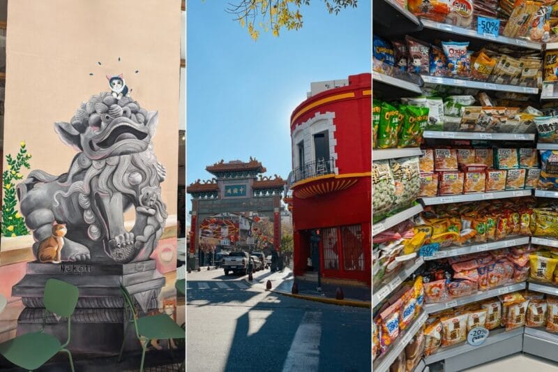 A collage of three photos of Buenos Aires' Chinatown, one photo of a mural of a dragon, one photo of the gate to Chinatown and a third photo of imported Chinese snacks
