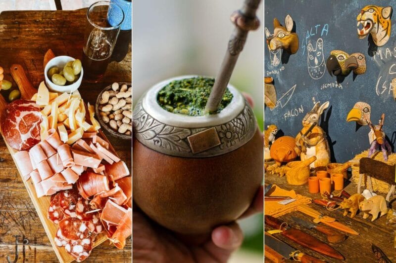 A collage of three photos, one of a charcuterie platter, one of yerba mate tea gourd, and one of a blue wall filled with cared animal statues