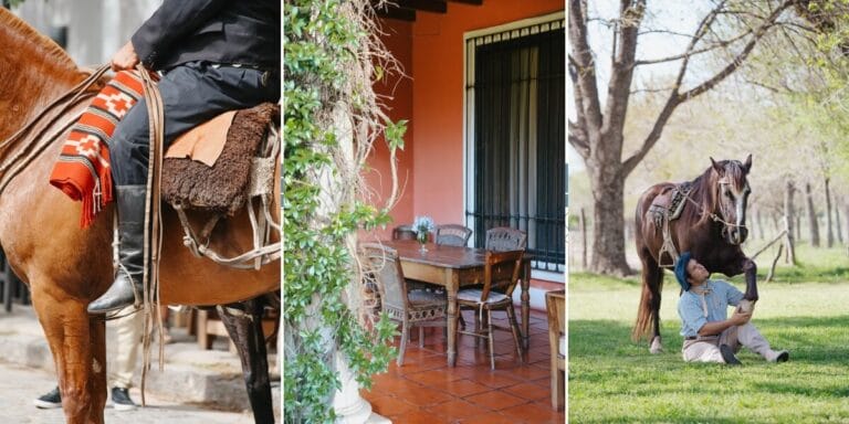 A collage of three photos of gauchos, horses and Buenos Aires estancias
