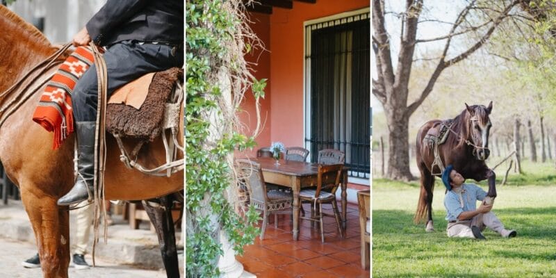 A collage of three photos of gauchos, horses and Buenos Aires estancias