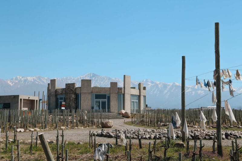 A round concrete building surrounded by bare vineyards in winter with snowcapped mountains in the background